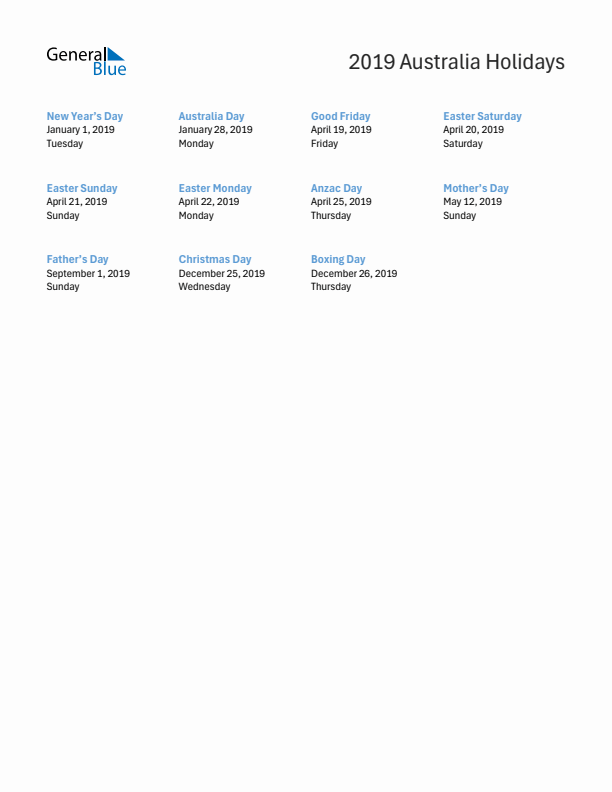 Free printable list of Australia holidays for year 2019