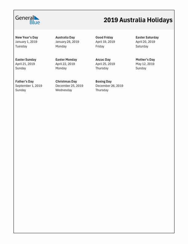 Free printable list of Australia holidays for year 2019