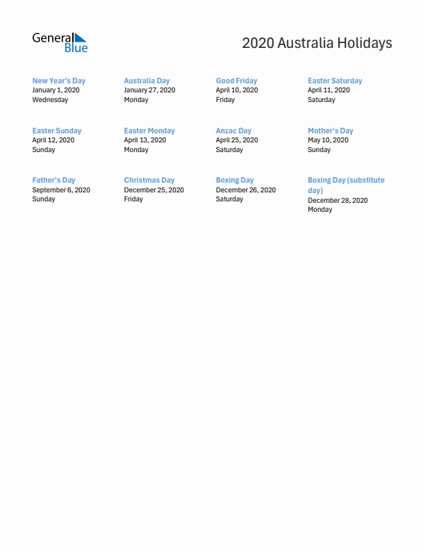 Free printable list of Australia holidays for year 2020