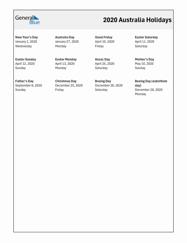 Free printable list of Australia holidays for year 2020