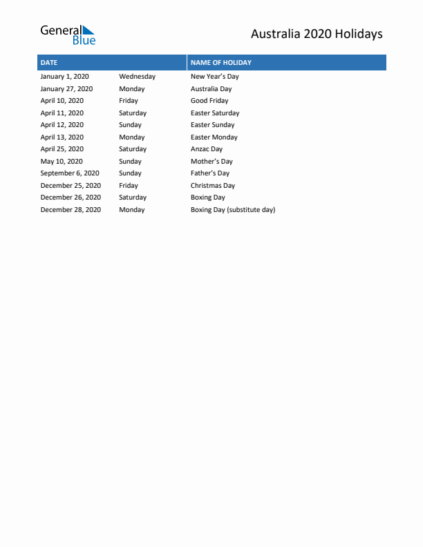 Free printable list of Australia holidays for year 2020