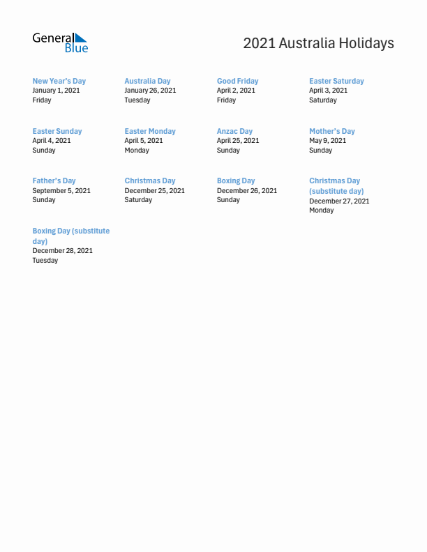 Free printable list of Australia holidays for year 2021