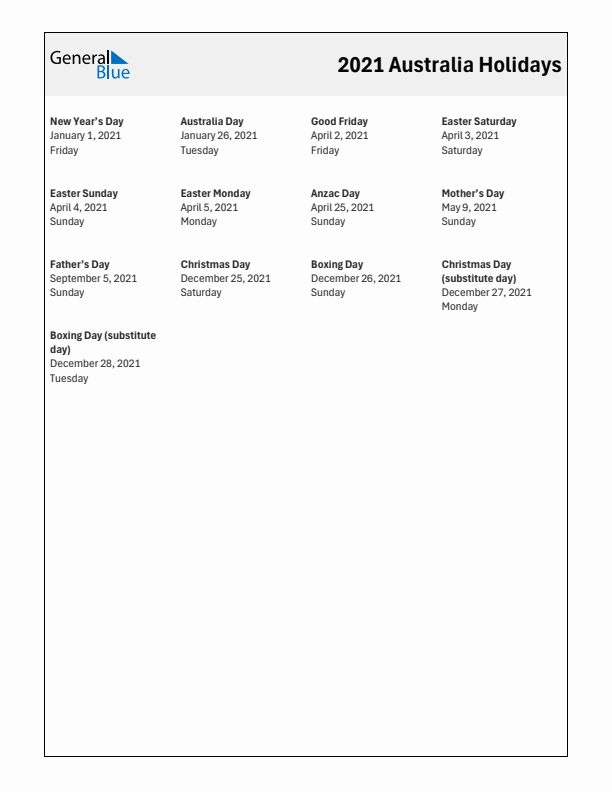 Free printable list of Australia holidays for year 2021