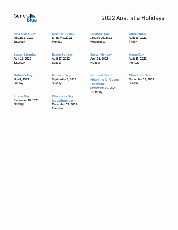 Free printable list of Australia holidays for year 2022