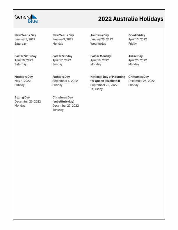 Free printable list of Australia holidays for year 2022