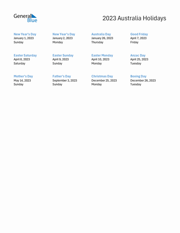 Free printable list of Australia holidays for year 2023