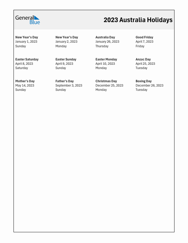 Free printable list of Australia holidays for year 2023