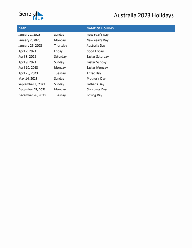 Free printable list of Australia holidays for year 2023