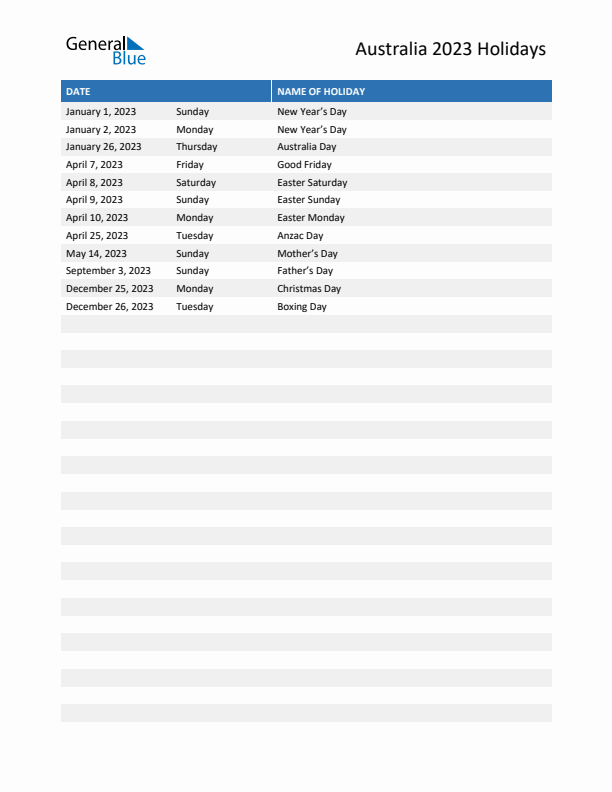 Free printable list of Australia holidays for year 2023