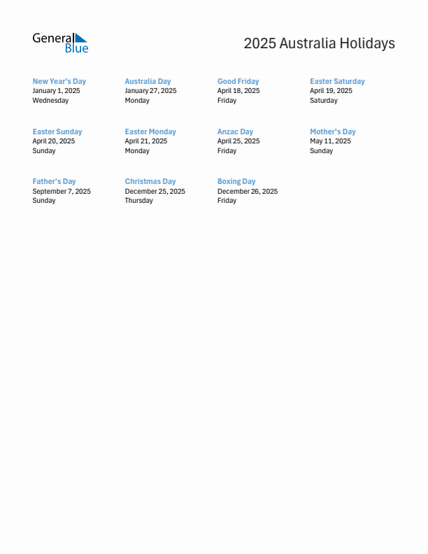 Free printable list of Australia holidays for year 2025