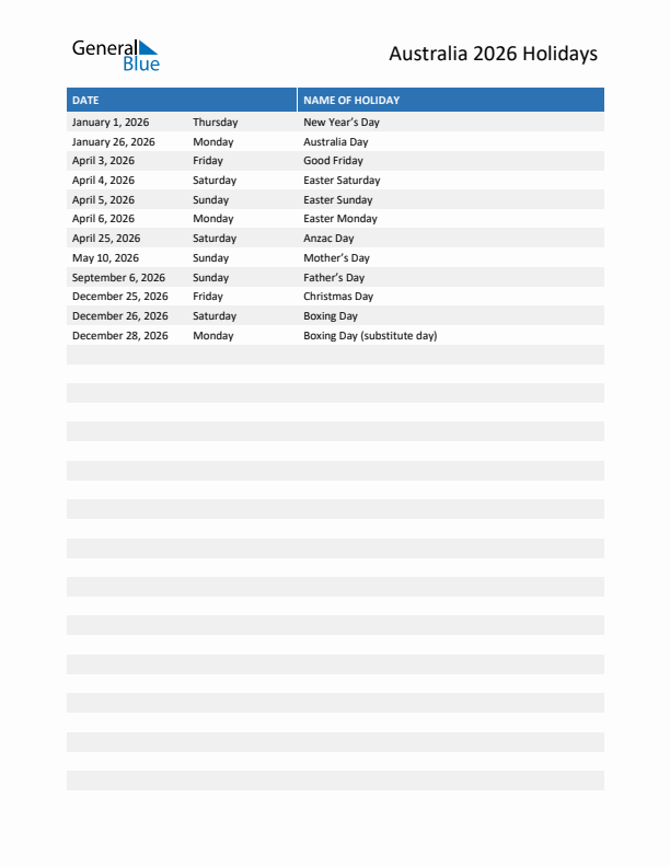 Free printable list of Australia holidays for year 2026