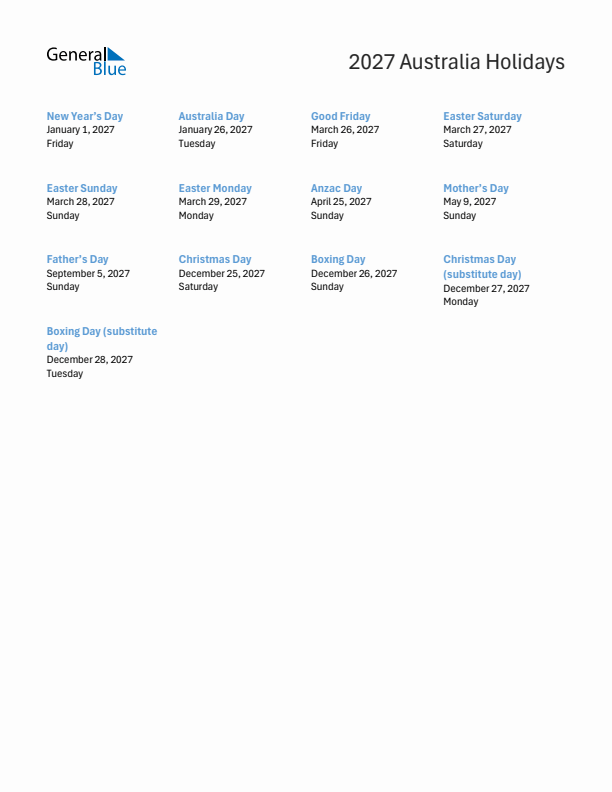 Free printable list of Australia holidays for year 2027