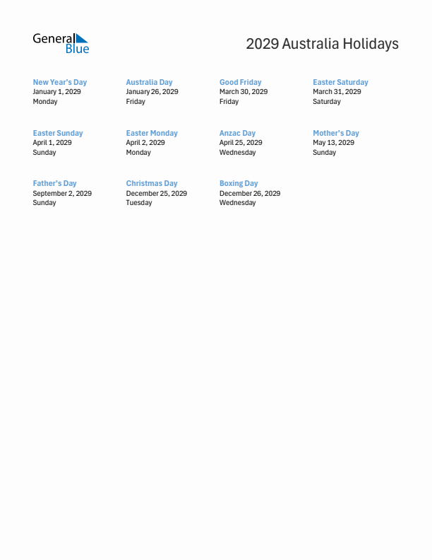 Free printable list of Australia holidays for year 2029