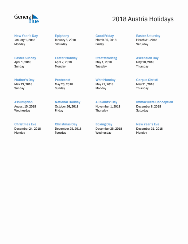 Free printable list of Austria holidays for year 2018