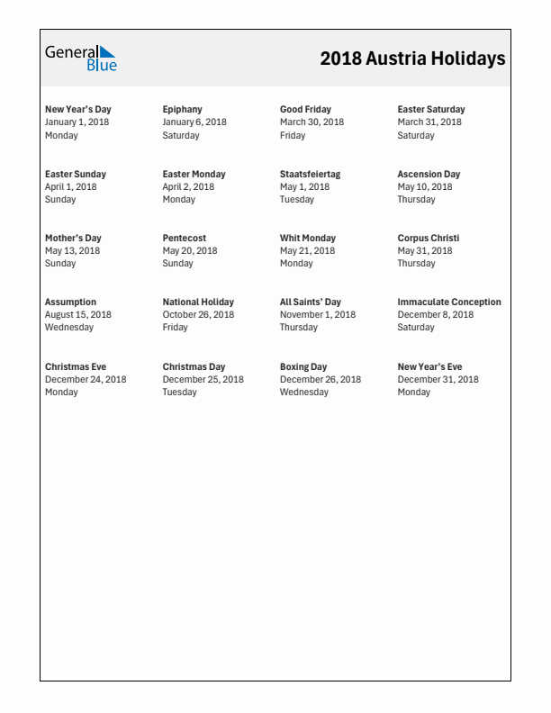 Free printable list of Austria holidays for year 2018