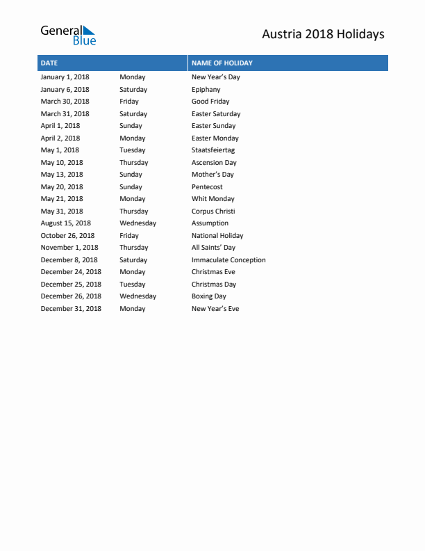 Free printable list of Austria holidays for year 2018