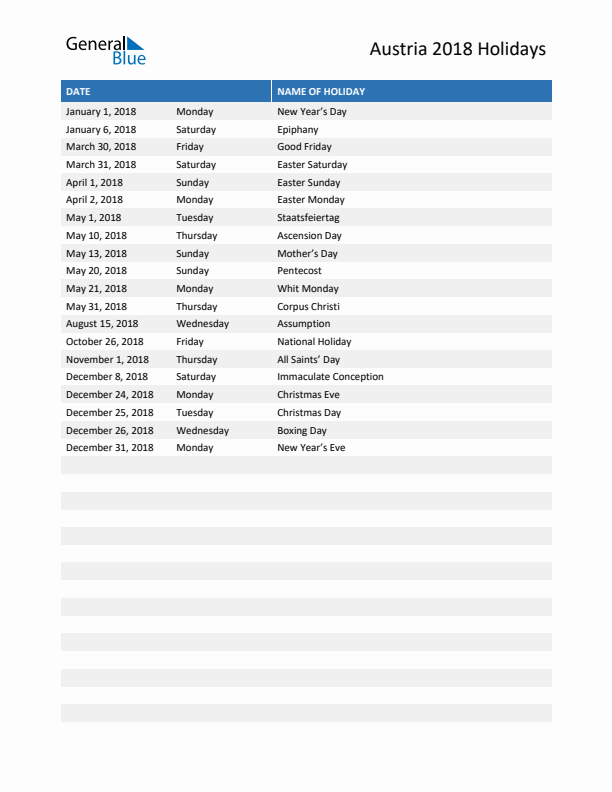 Free printable list of Austria holidays for year 2018