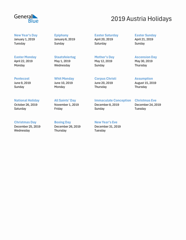 Free printable list of Austria holidays for year 2019