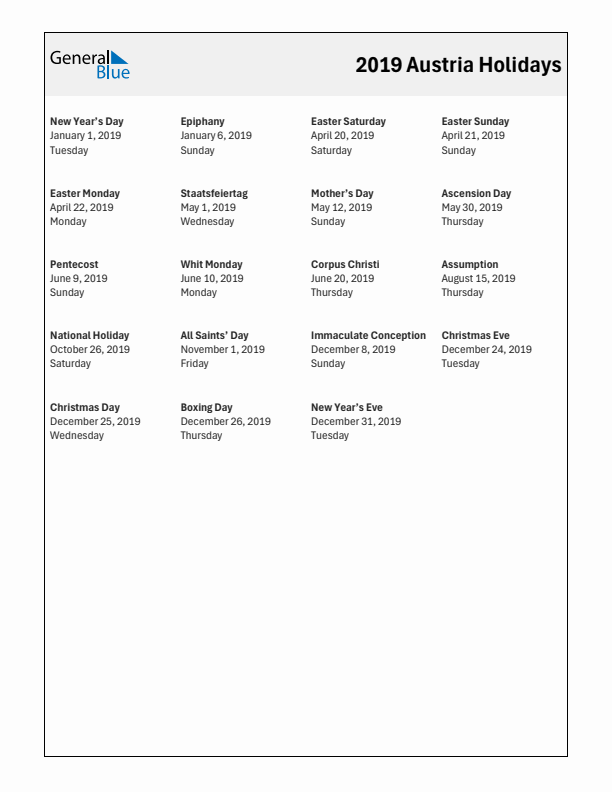 Free printable list of Austria holidays for year 2019