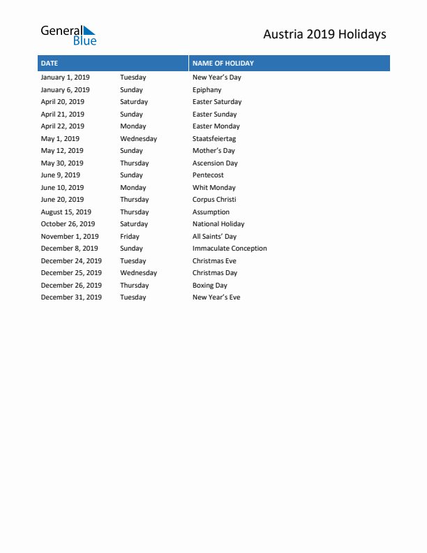 Free printable list of Austria holidays for year 2019