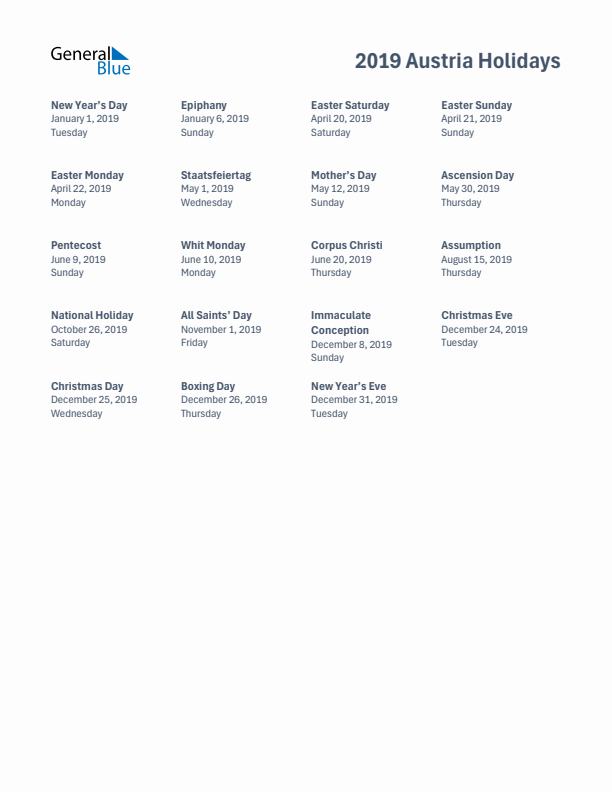 Free printable list of Austria holidays for year 2019