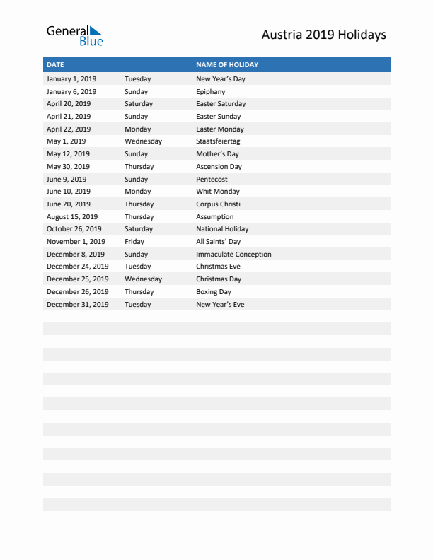 Free printable list of Austria holidays for year 2019