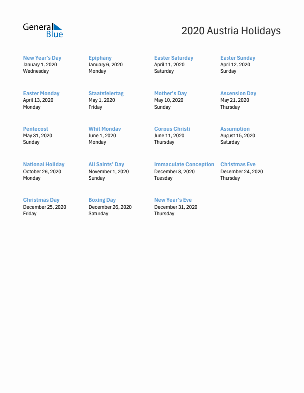 Free printable list of Austria holidays for year 2020