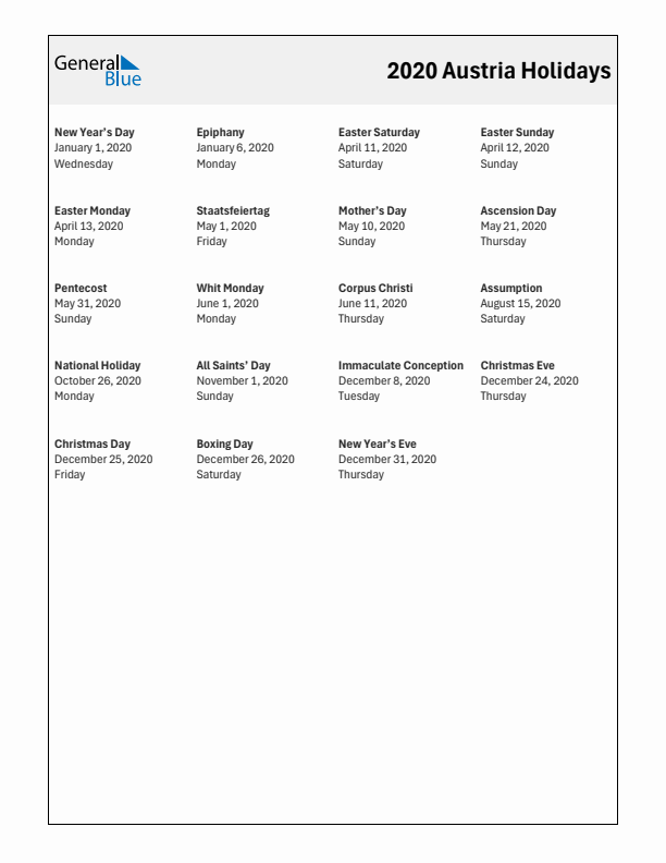 Free printable list of Austria holidays for year 2020