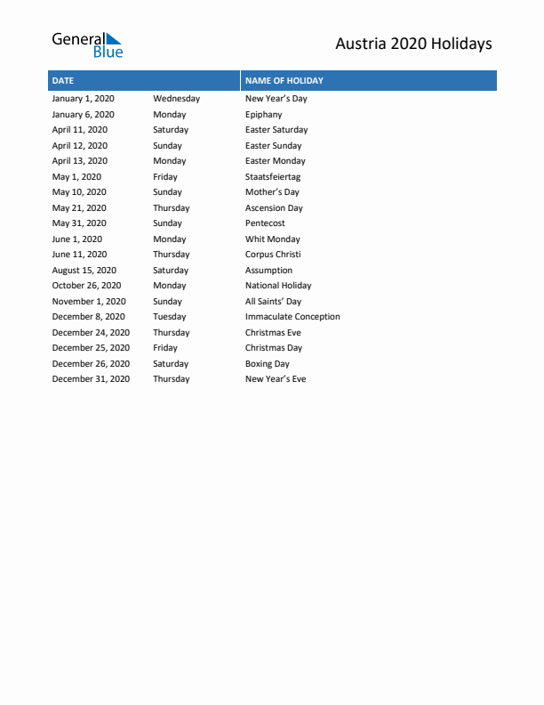 Free printable list of Austria holidays for year 2020