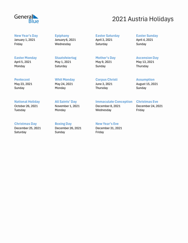 Free printable list of Austria holidays for year 2021