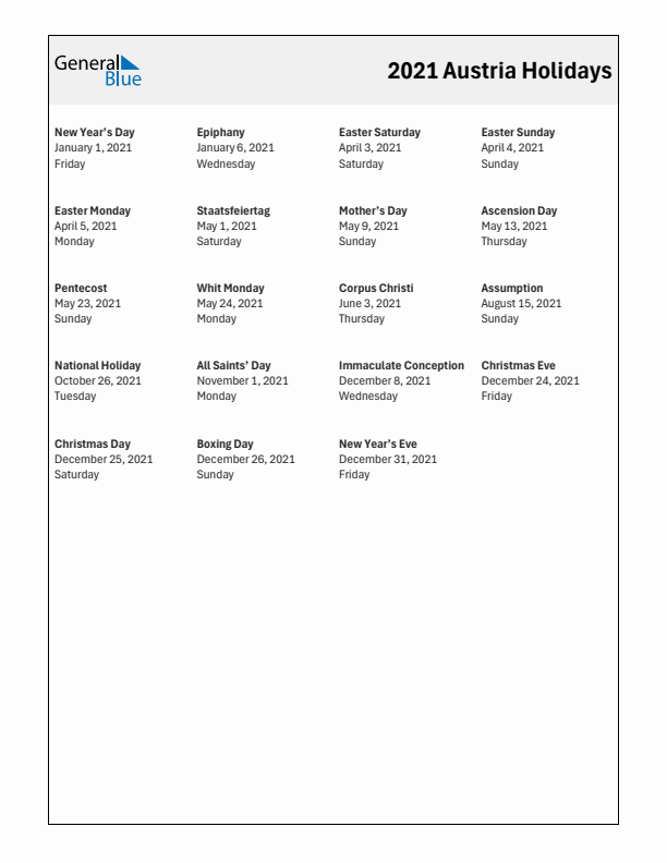 Free printable list of Austria holidays for year 2021