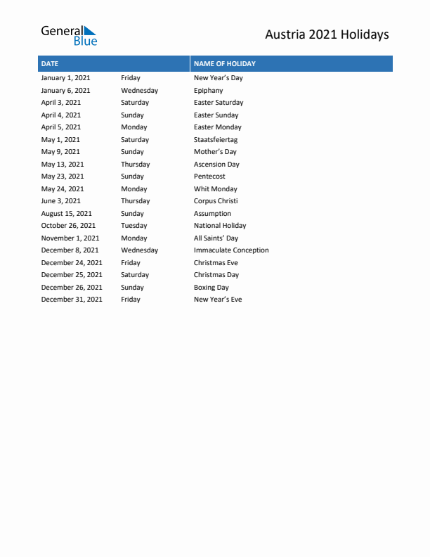 Free printable list of Austria holidays for year 2021