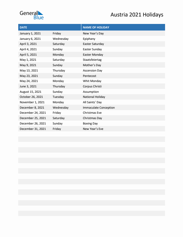 Free printable list of Austria holidays for year 2021