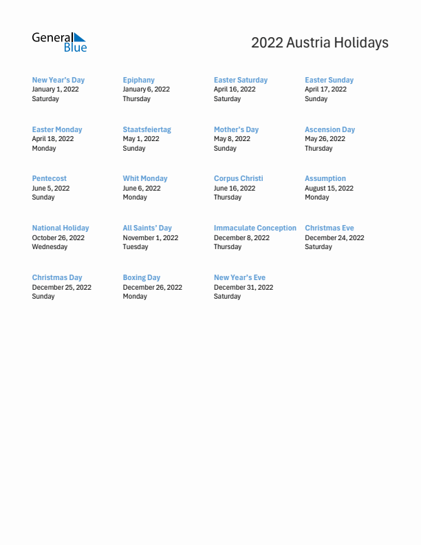 Free printable list of Austria holidays for year 2022