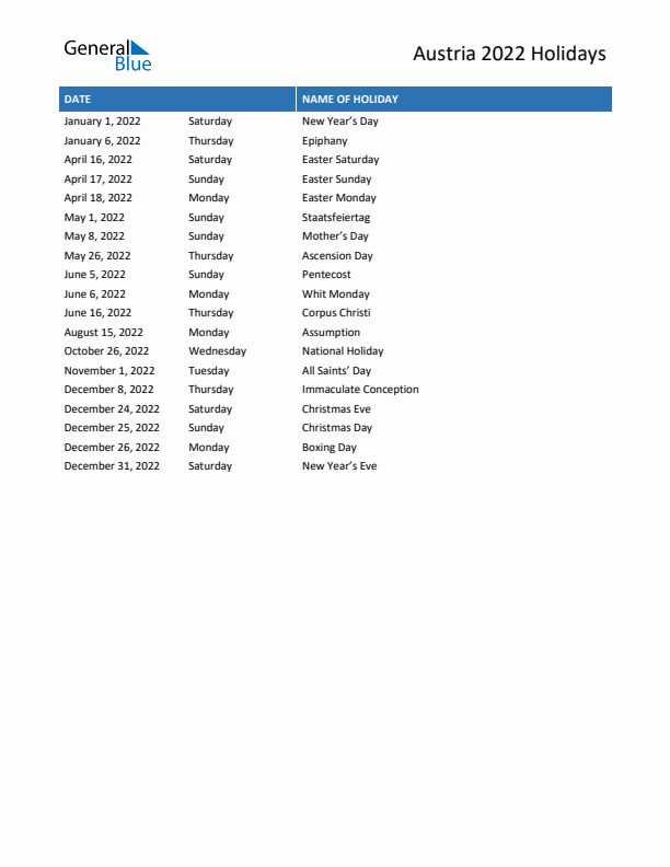 Free printable list of Austria holidays for year 2022