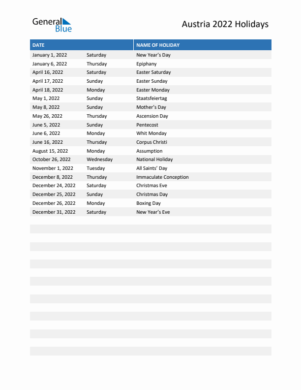 Free printable list of Austria holidays for year 2022