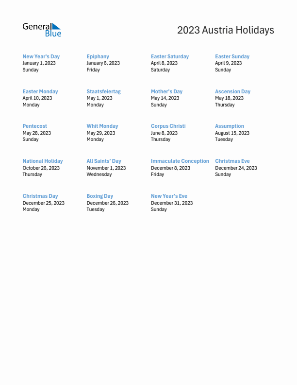 Free printable list of Austria holidays for year 2023