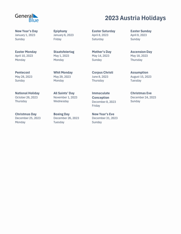 Free printable list of Austria holidays for year 2023