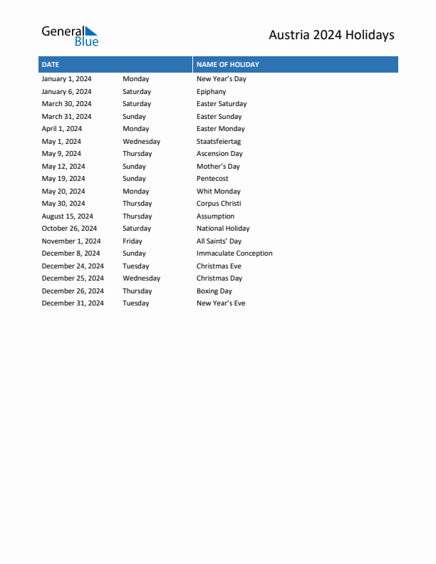 Free printable list of Austria holidays for year 2024