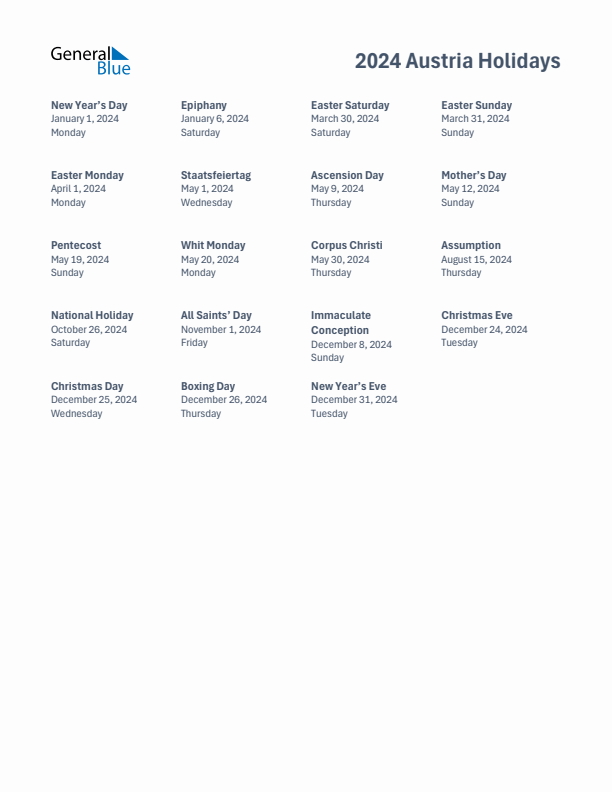 Free printable list of Austria holidays for year 2024