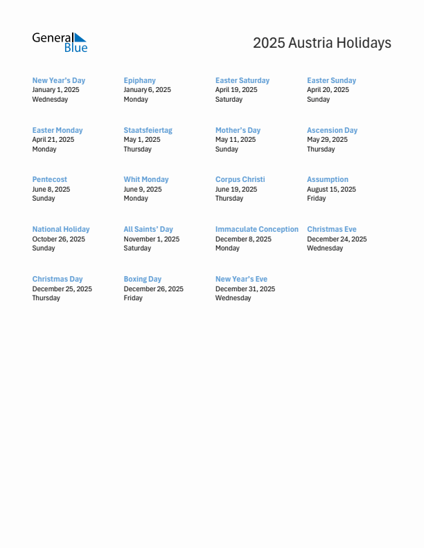 Free printable list of Austria holidays for year 2025