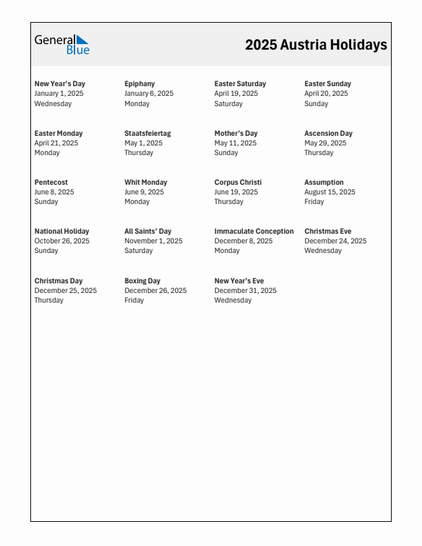 Free printable list of Austria holidays for year 2025