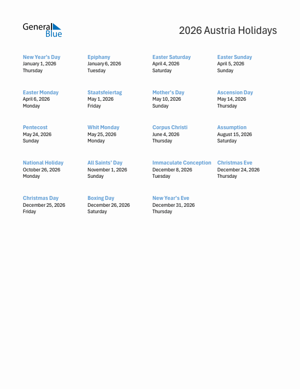 Free printable list of Austria holidays for year 2026