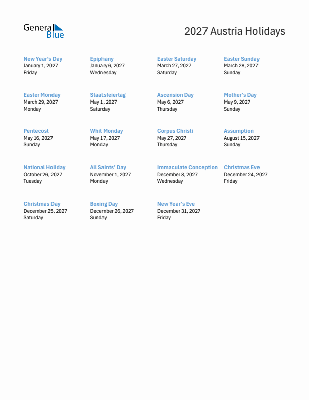 Free printable list of Austria holidays for year 2027