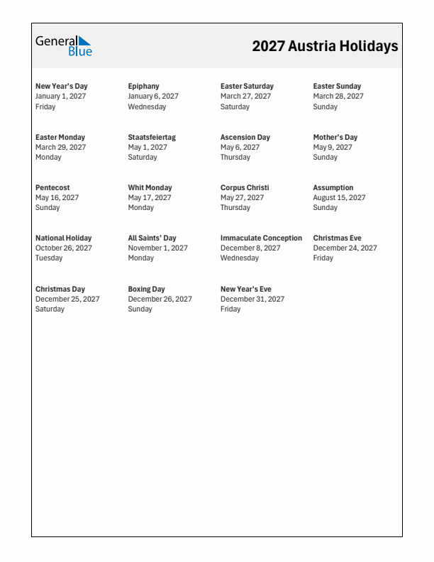 Free printable list of Austria holidays for year 2027