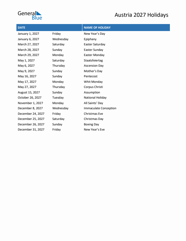 Free printable list of Austria holidays for year 2027