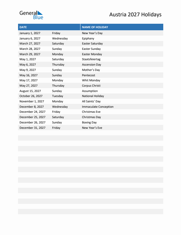 Free printable list of Austria holidays for year 2027