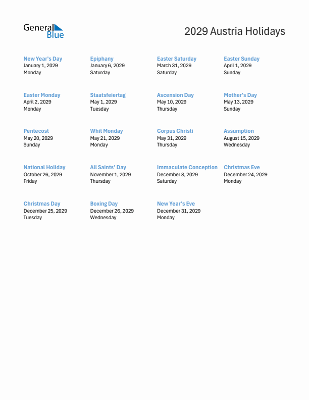 Free printable list of Austria holidays for year 2029