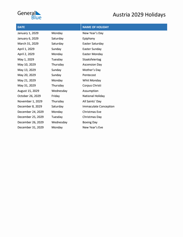 Free printable list of Austria holidays for year 2029