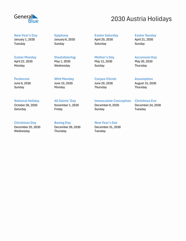 Free printable list of Austria holidays for year 2030